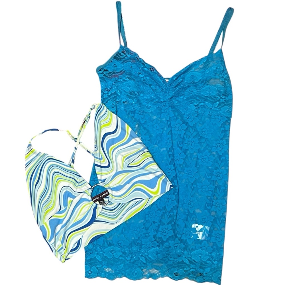 Blue Y2K Duo | Lace Cami + Swirl Halter Top